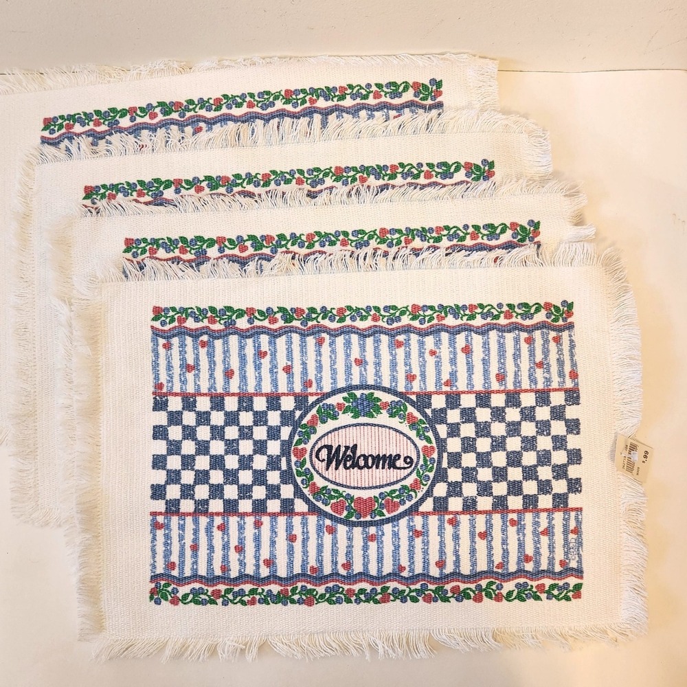 Vtg 80s NOS Blue Checkered Heart Woven Fabric Placemats Set of 4 Country Kitchen